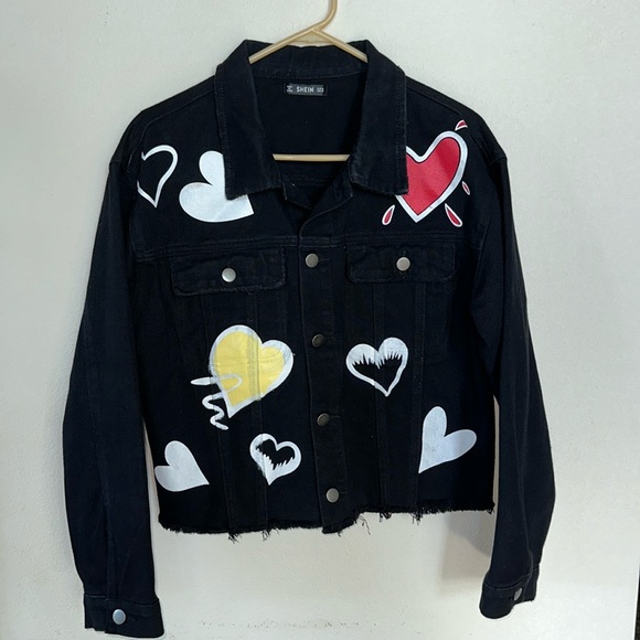SHEIN Jackets & Blazers - SHEIN Women’s Black Jean Jacket with Hearts Graphic Size M